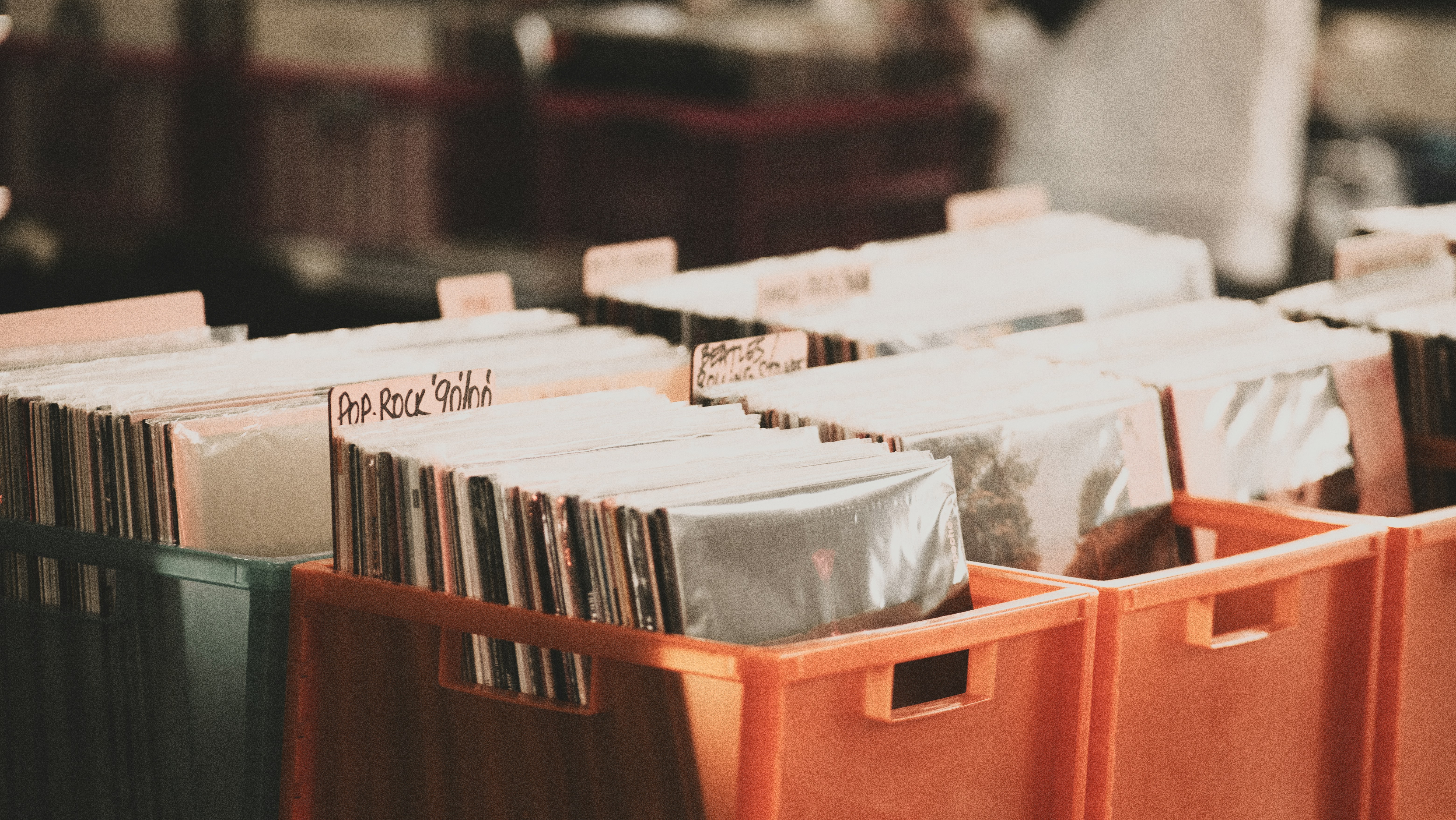 Vinyl records in crates at record store